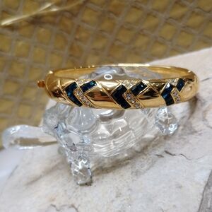 Vintage Joan Rivers Gold Plated Bangle Bracelet Blue Crystal